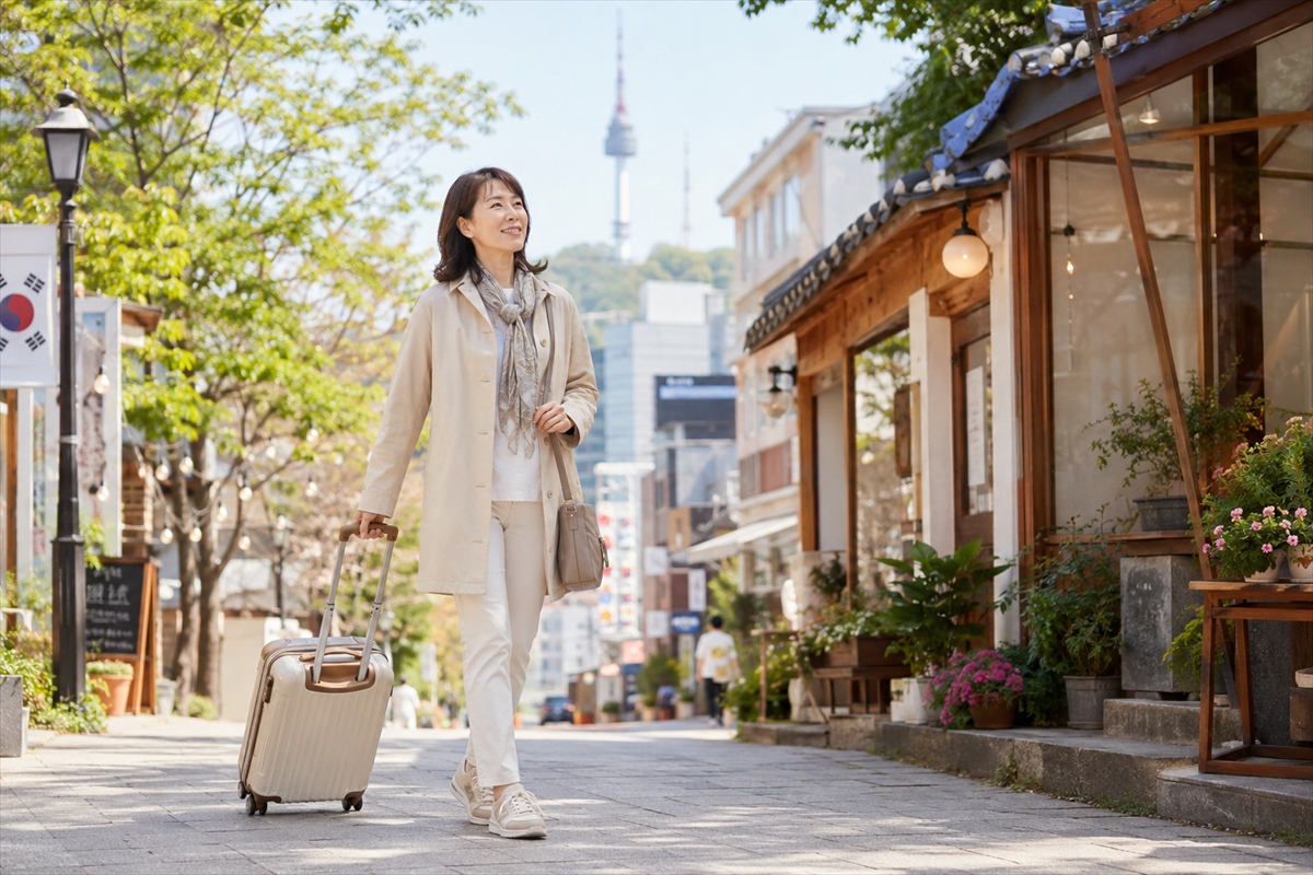 50代の韓国旅行で季節に合う服装と歩きやすい靴を準備する様子