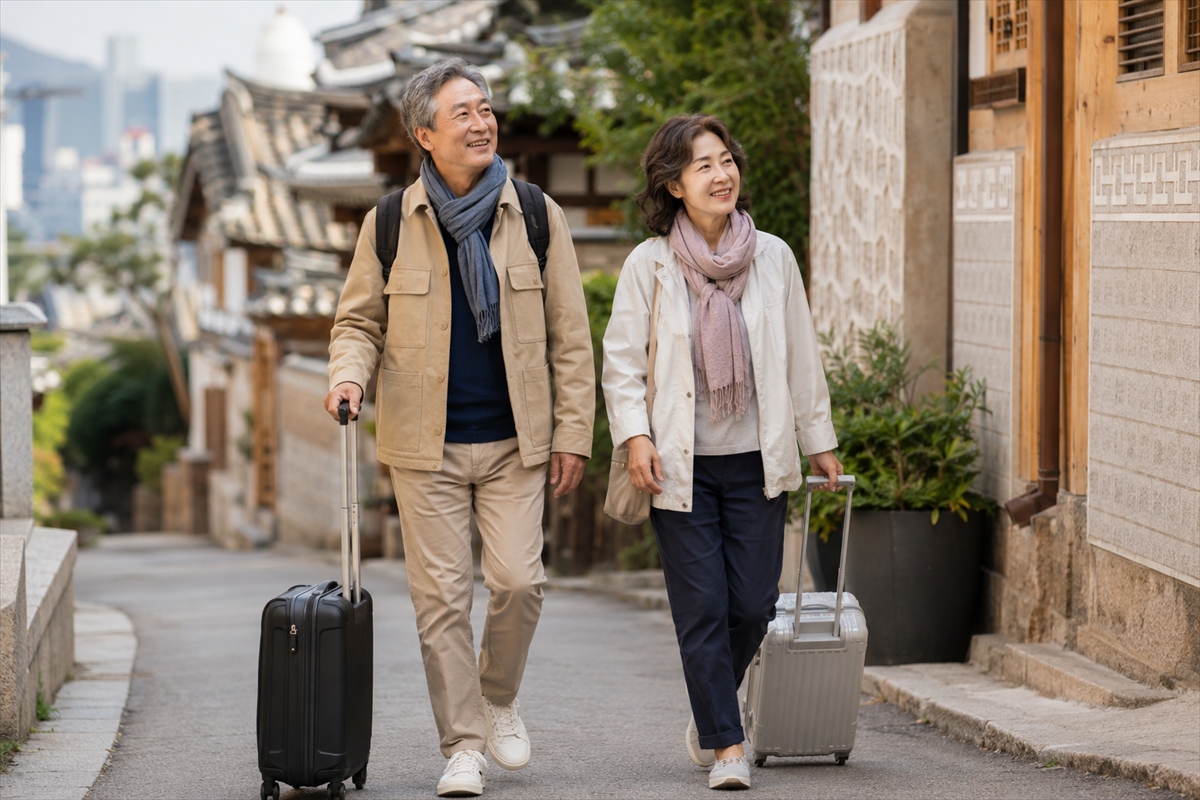 50代の韓国旅行で無理なく歩ける服装を整えて街歩きを楽しむ様子