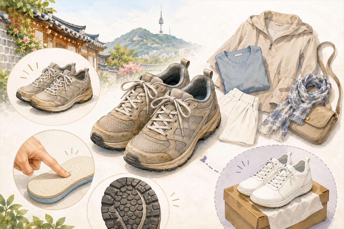 50代の韓国旅行で長く歩いても疲れにくい靴を確認している様子