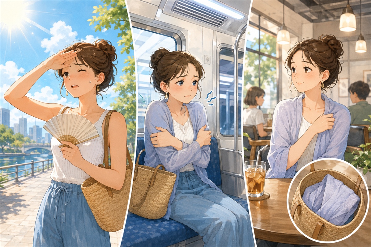 夏の韓国旅行で屋外の暑さと室内の冷房差に備えて薄手の羽織りを持つ様子