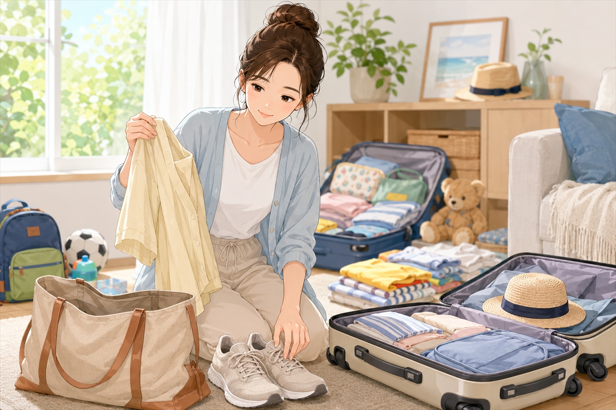 韓国旅行の家族準備をしながら自分の靴や羽織りものも確認する主婦の様子