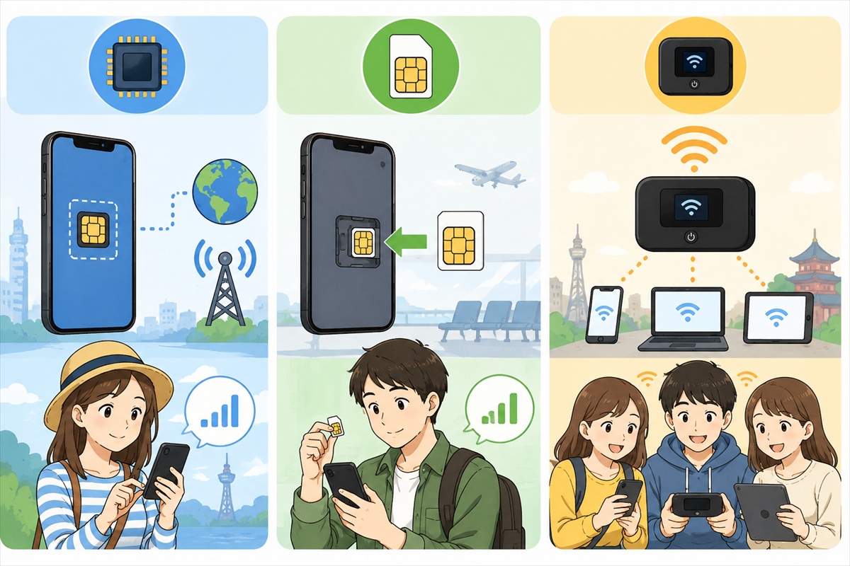 韓国旅行で使うeSIM・SIMカード・Wi-Fiルーターの違いを簡単に示した図解