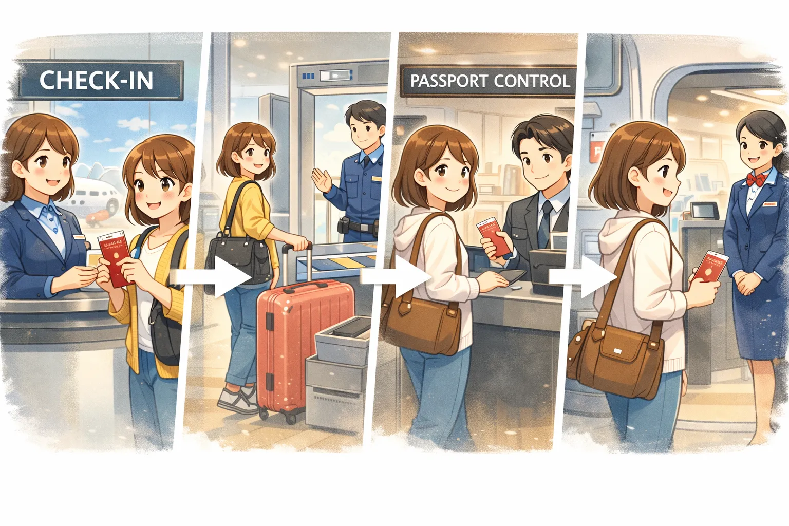 空港での出発準備ステップ