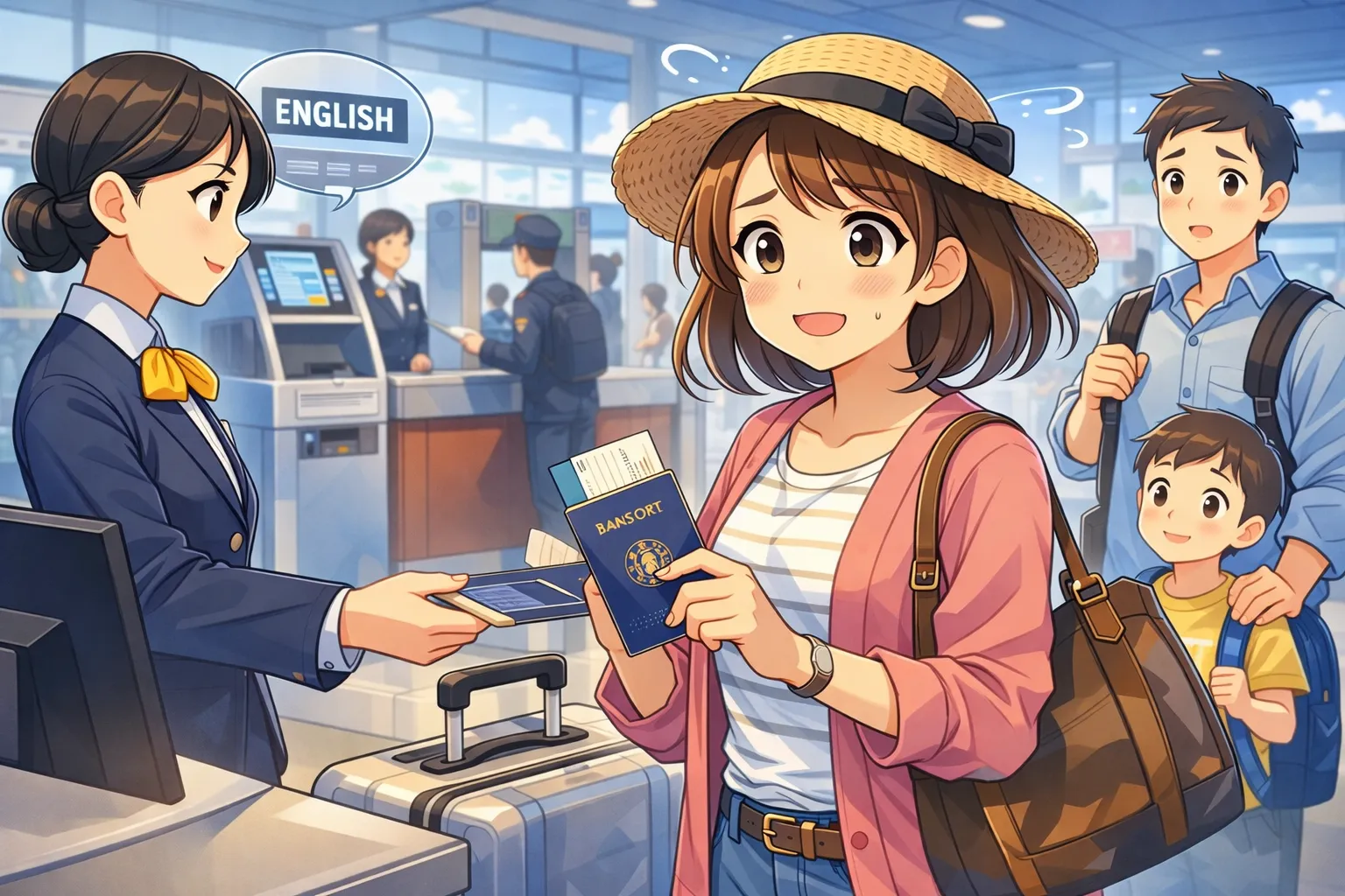 空港で不安そうな妻