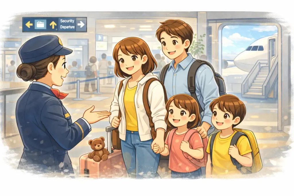 家族の空港出発準備