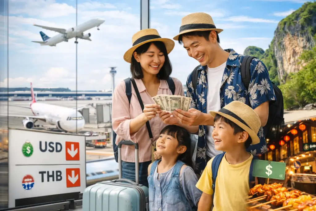 家族の旅行準備と異国の情景