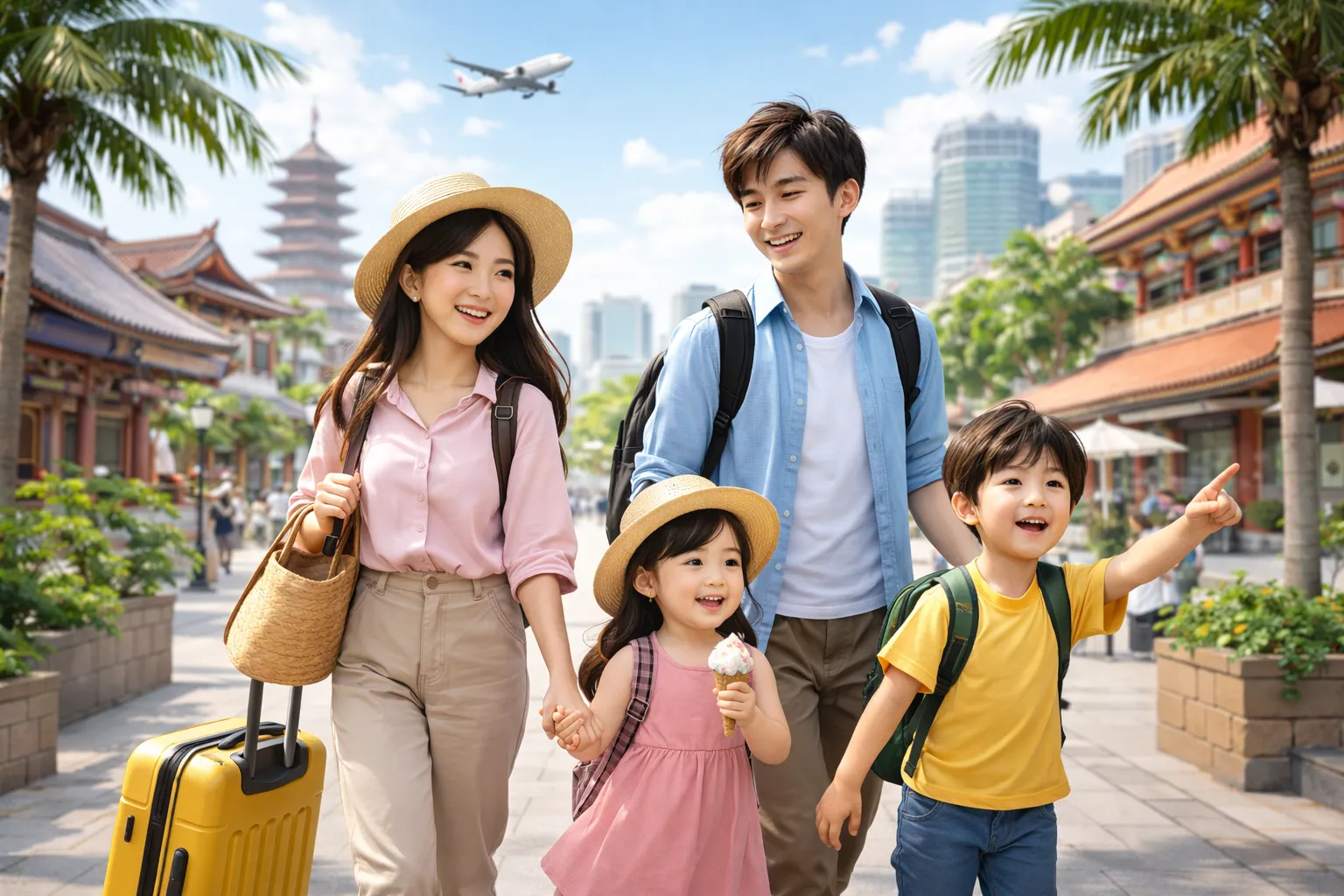 家族の散歩と都市景観