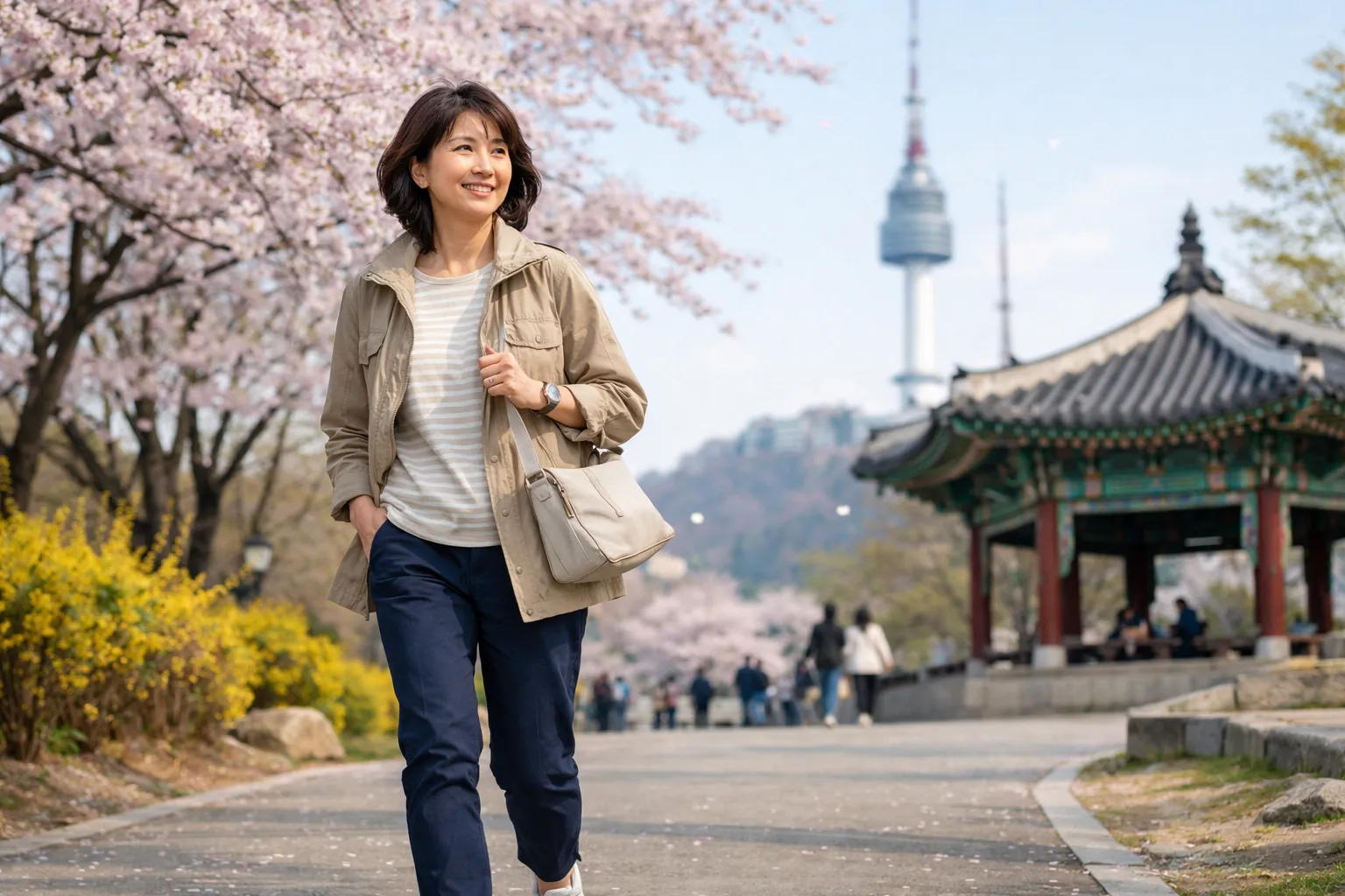 春の公園で散歩する女性