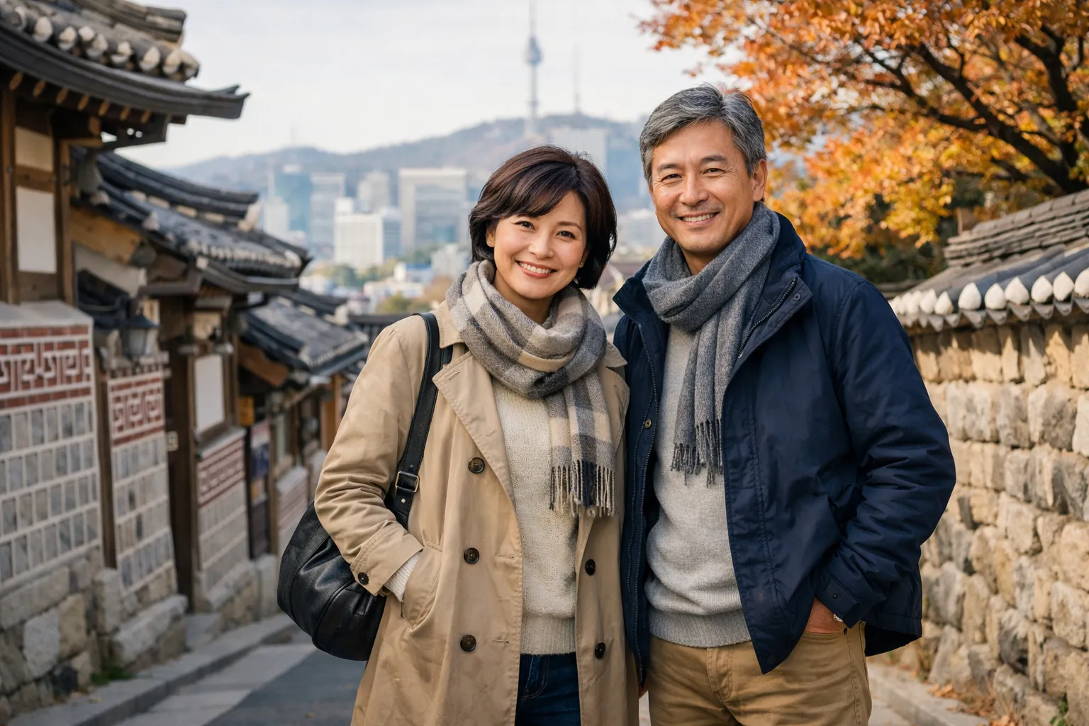 秋の韓国での笑顔のカップル