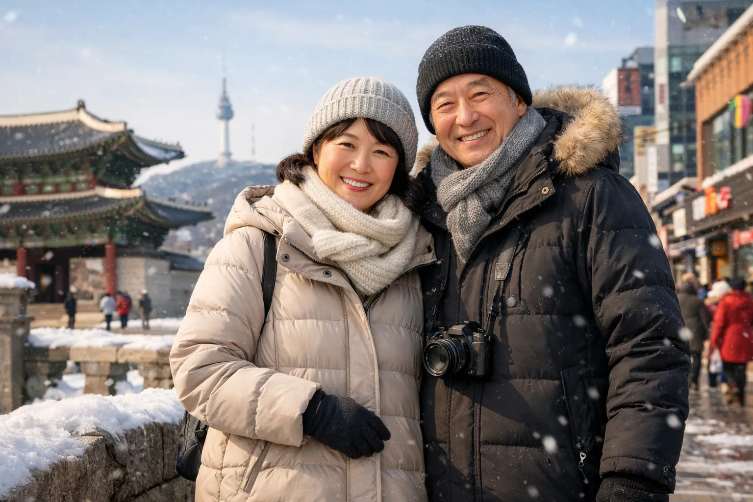 冬のソウルで笑顔のカップル