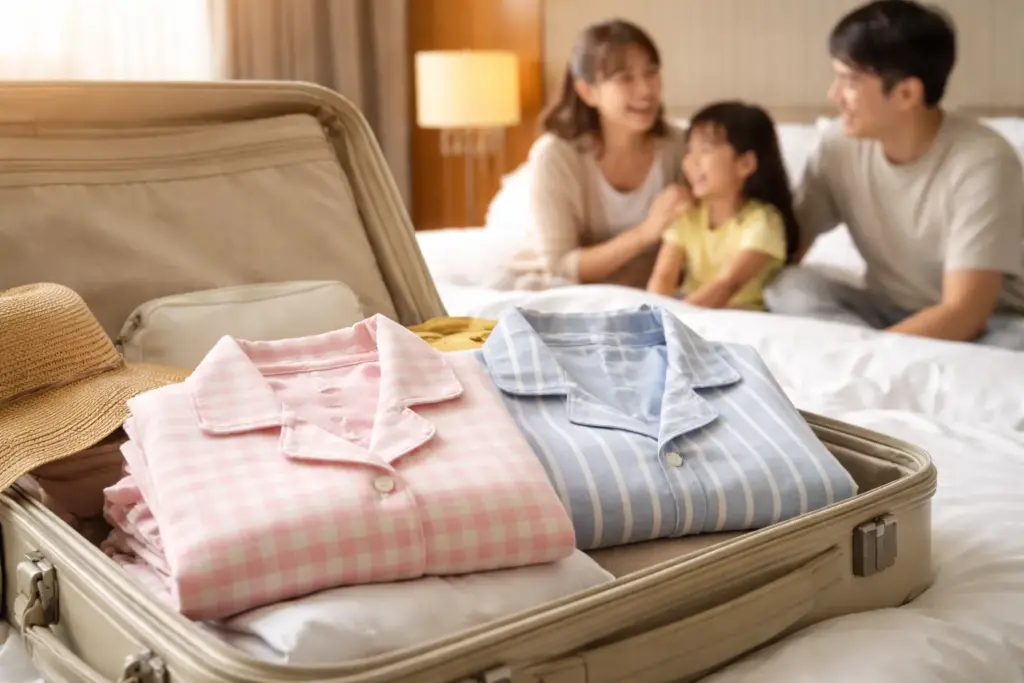 ホテルのベッドと旅行道具