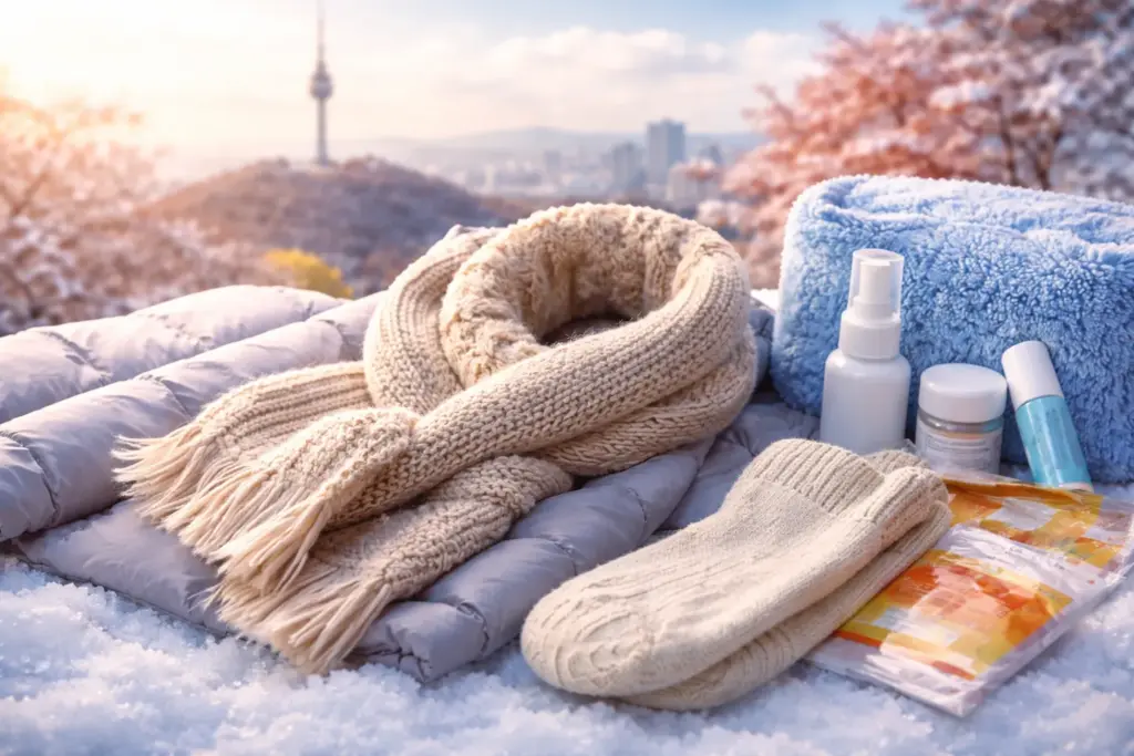 冬の旅行必需品とソウルの街並み