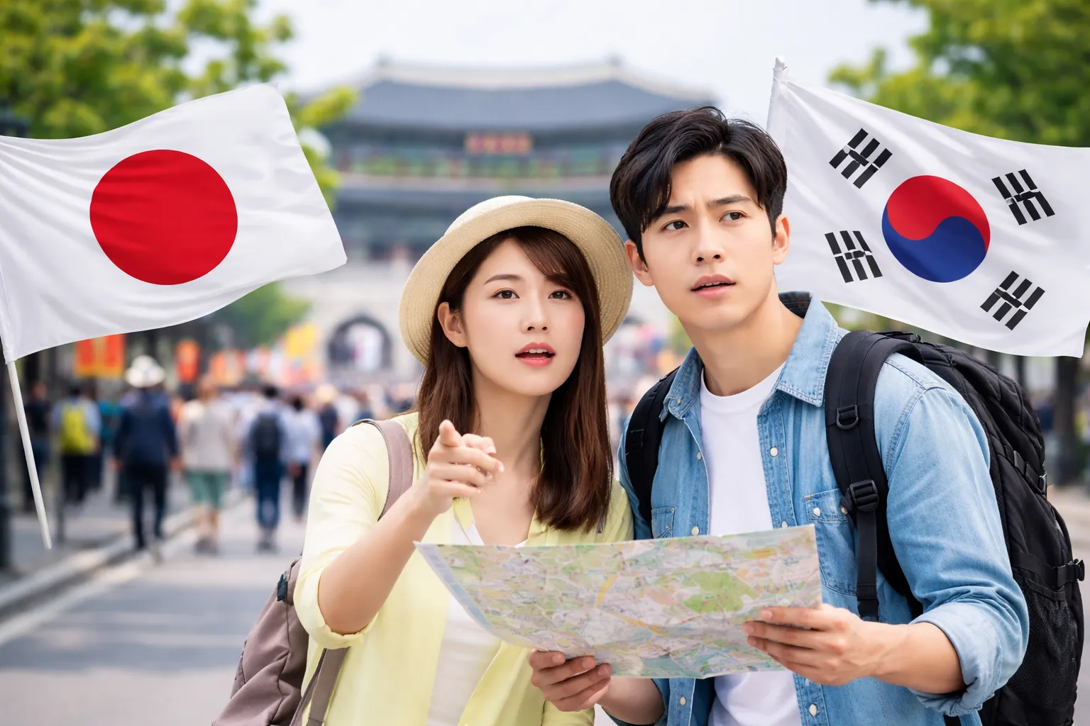 旅行中のカップルと地図