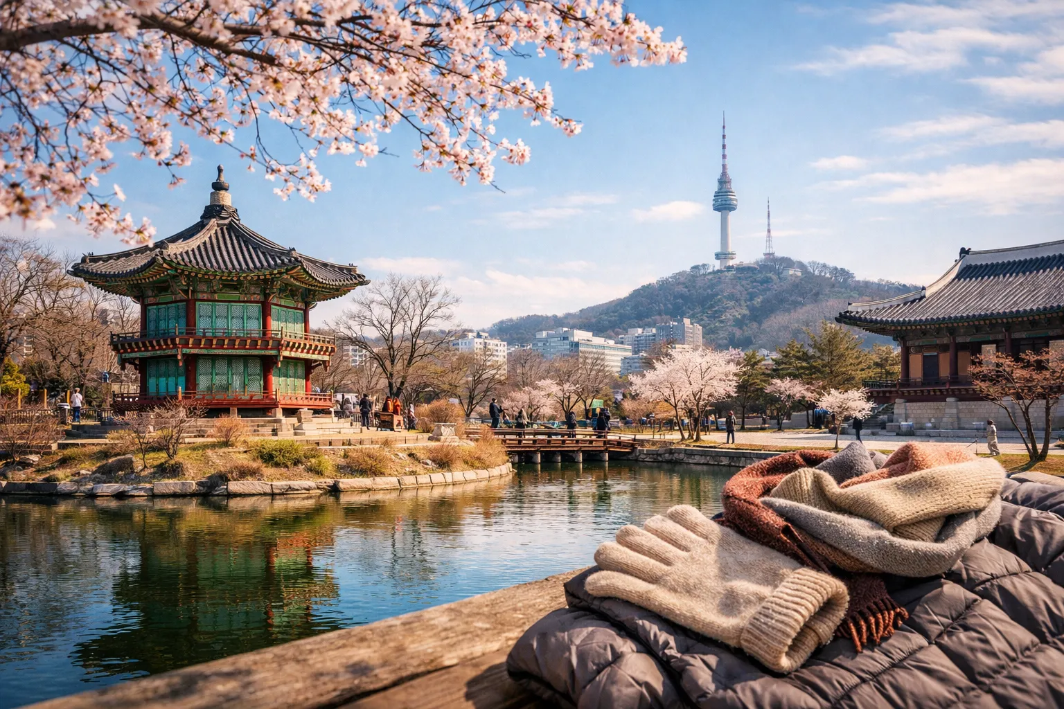 春のソウルと桜の景色