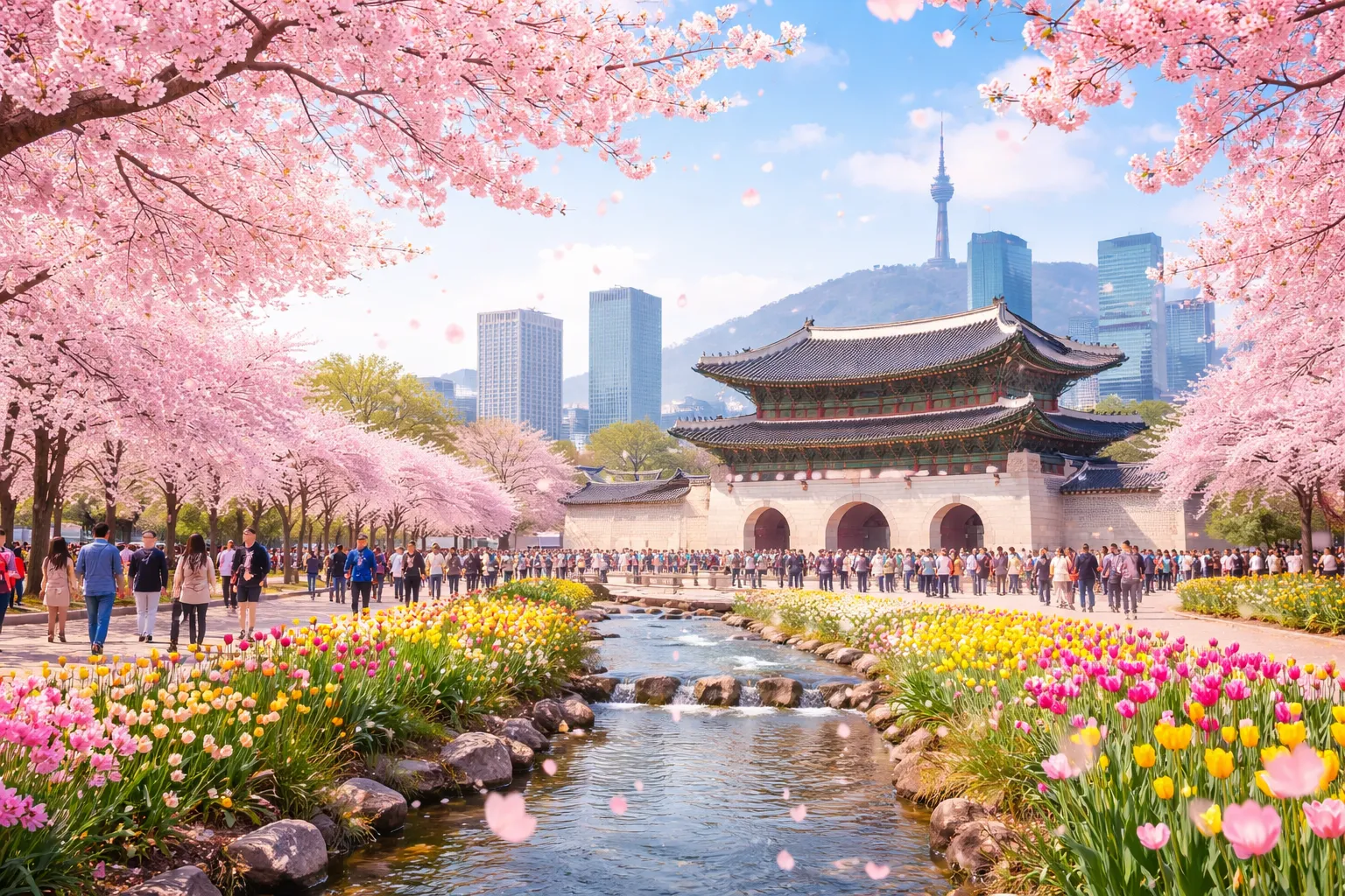 春のソウルと桜の調和