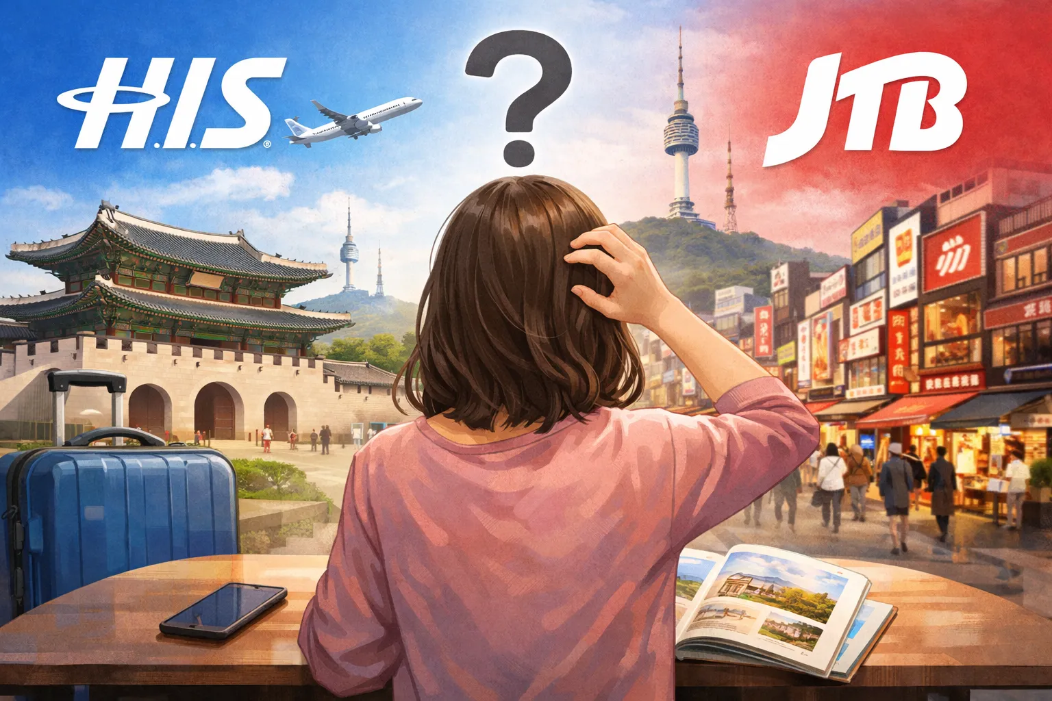 韓国旅行の選択肢に迷う女性