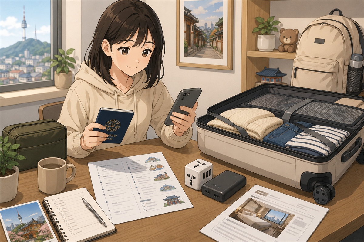韓国旅行初心者が出発前にパスポートやスマホなどの持ち物を確認する様子