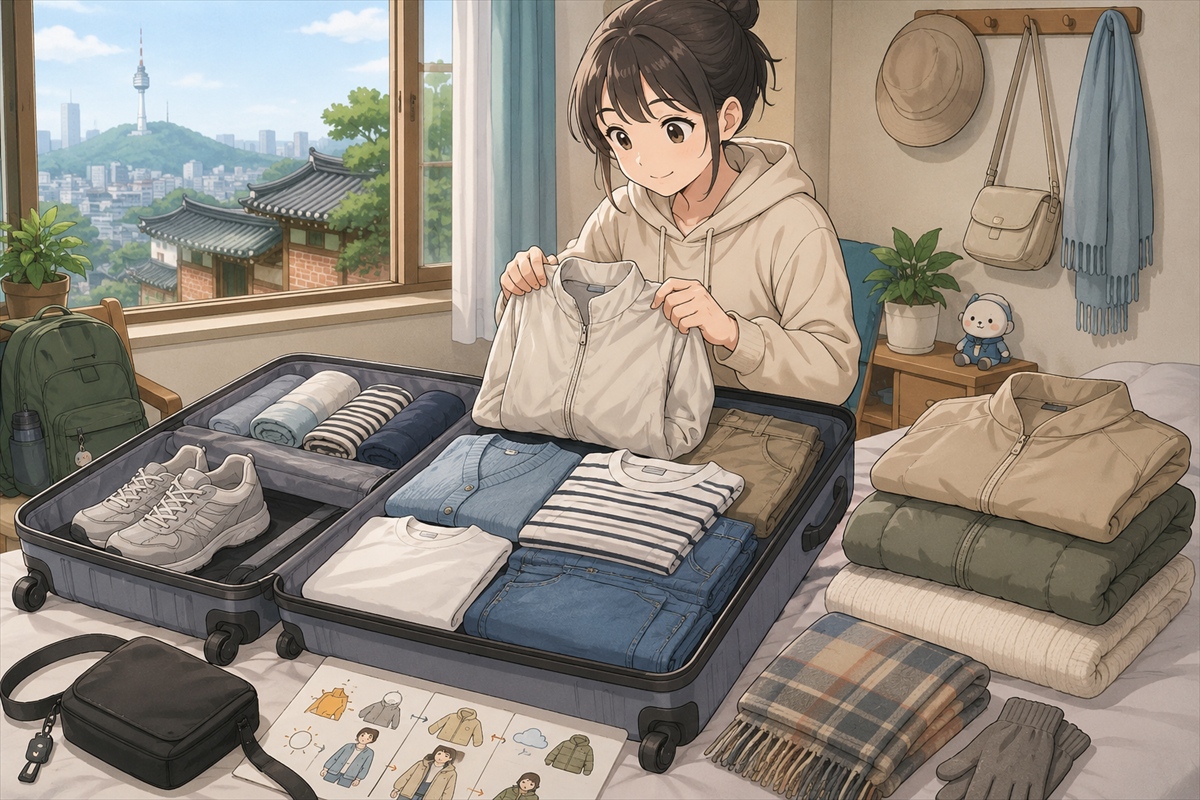 韓国旅行で歩きやすい靴と季節に合う服を準備する様子