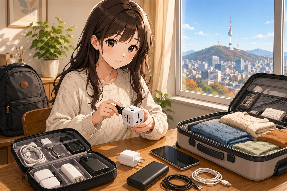 韓国旅行初心者が変換プラグとスマホ充電器を出発前に確認する様子