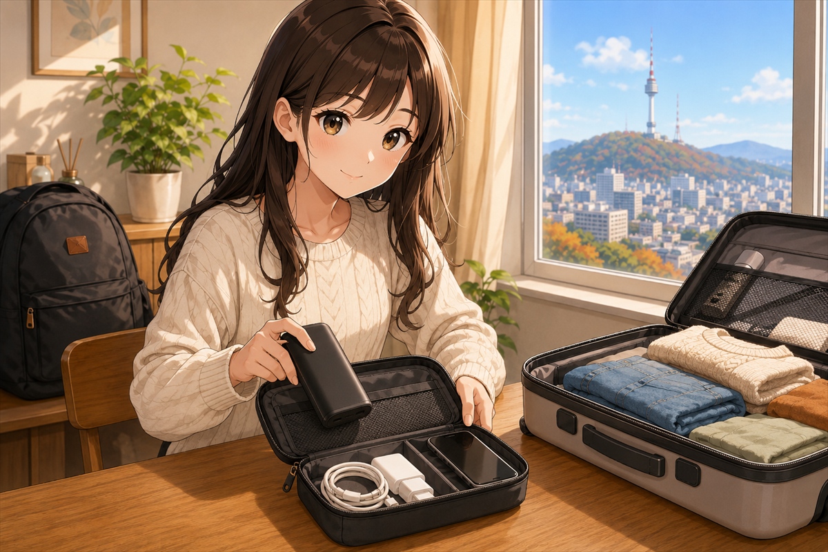 韓国旅行で使うスマホ充電器とモバイルバッテリーを手荷物に準備する様子 