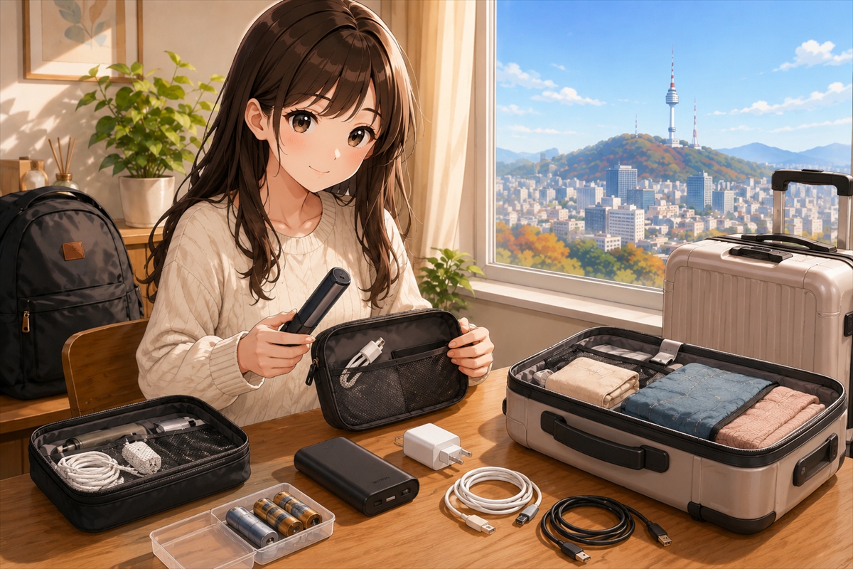 韓国旅行で持ち込みに注意したい電子機器を手荷物に整理する様子