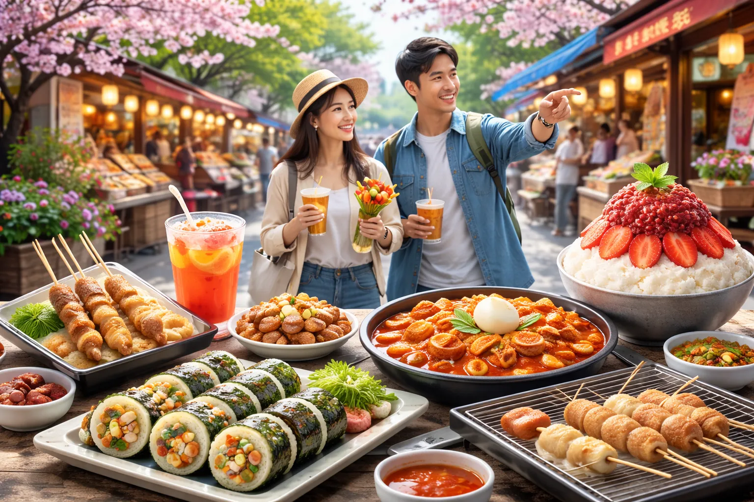 春の市場で楽しむ韓国の屋台食