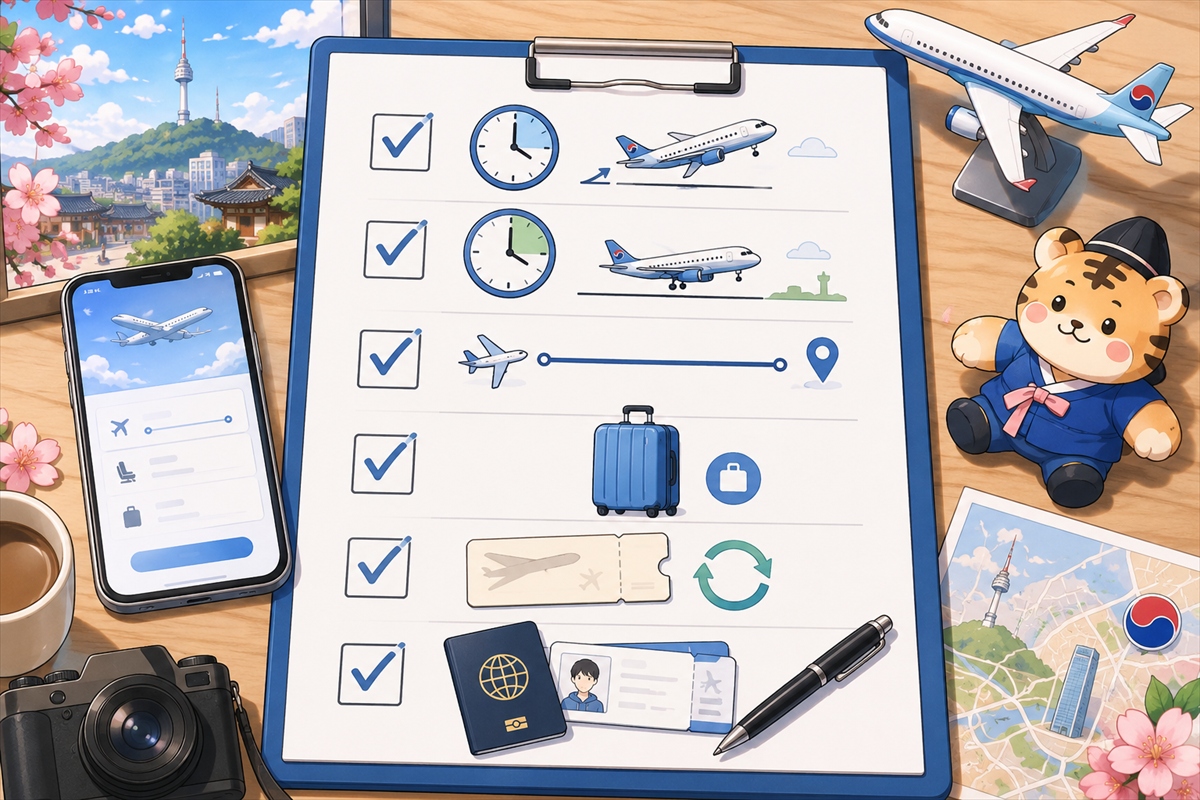 韓国旅行の航空券を予約する前に出発時間や到着時間や荷物条件を確認する様子