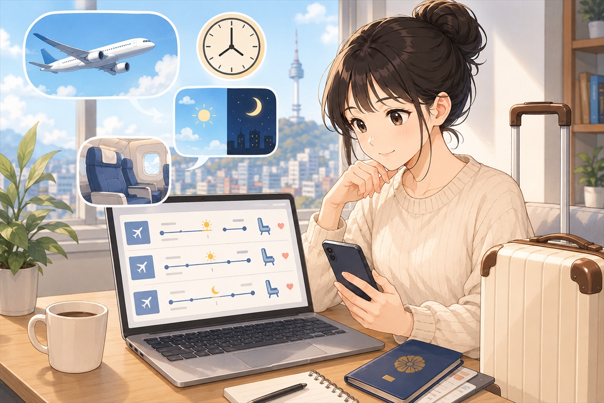 韓国旅行の航空券を予約する前に出発時間を確認する様子