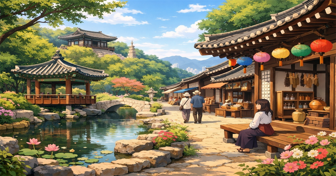 穏やかな韓国庭園と伝統的な風景