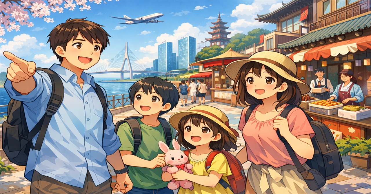 日韓の賑やかな家族旅行
