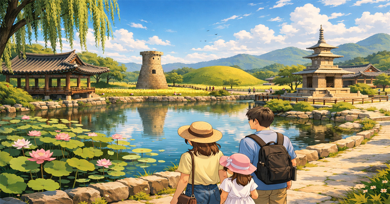 韓国の田舎での家族散歩