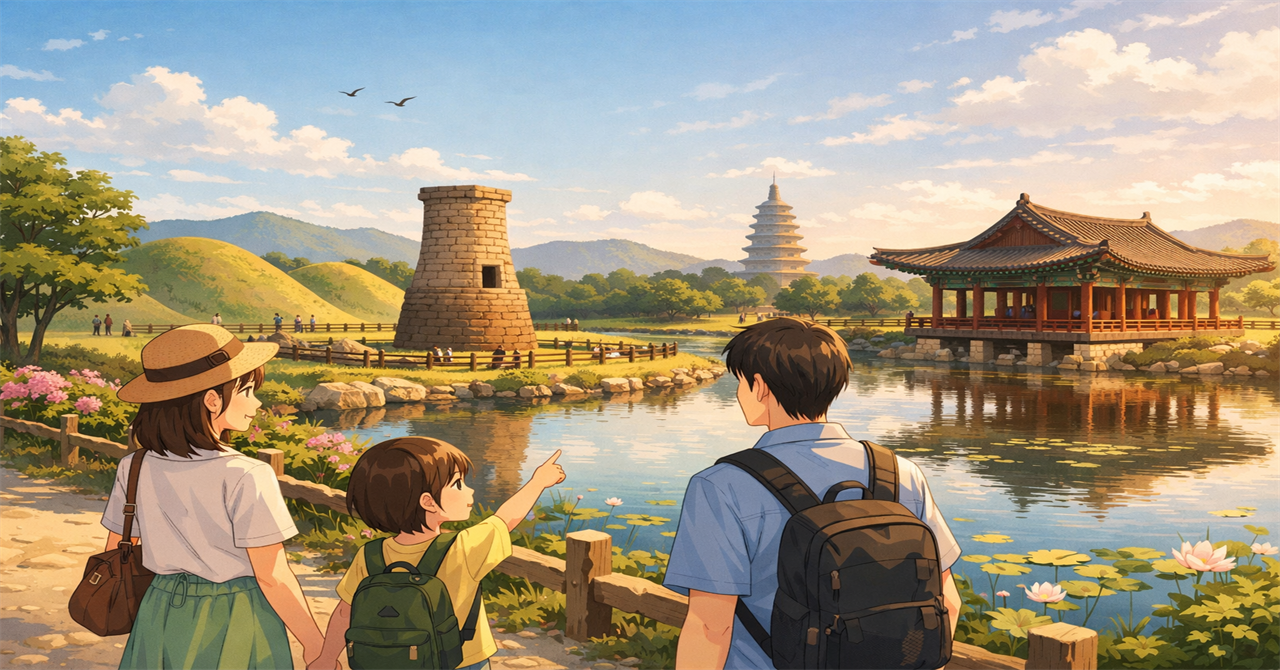 家族と歴史的な景色の散策