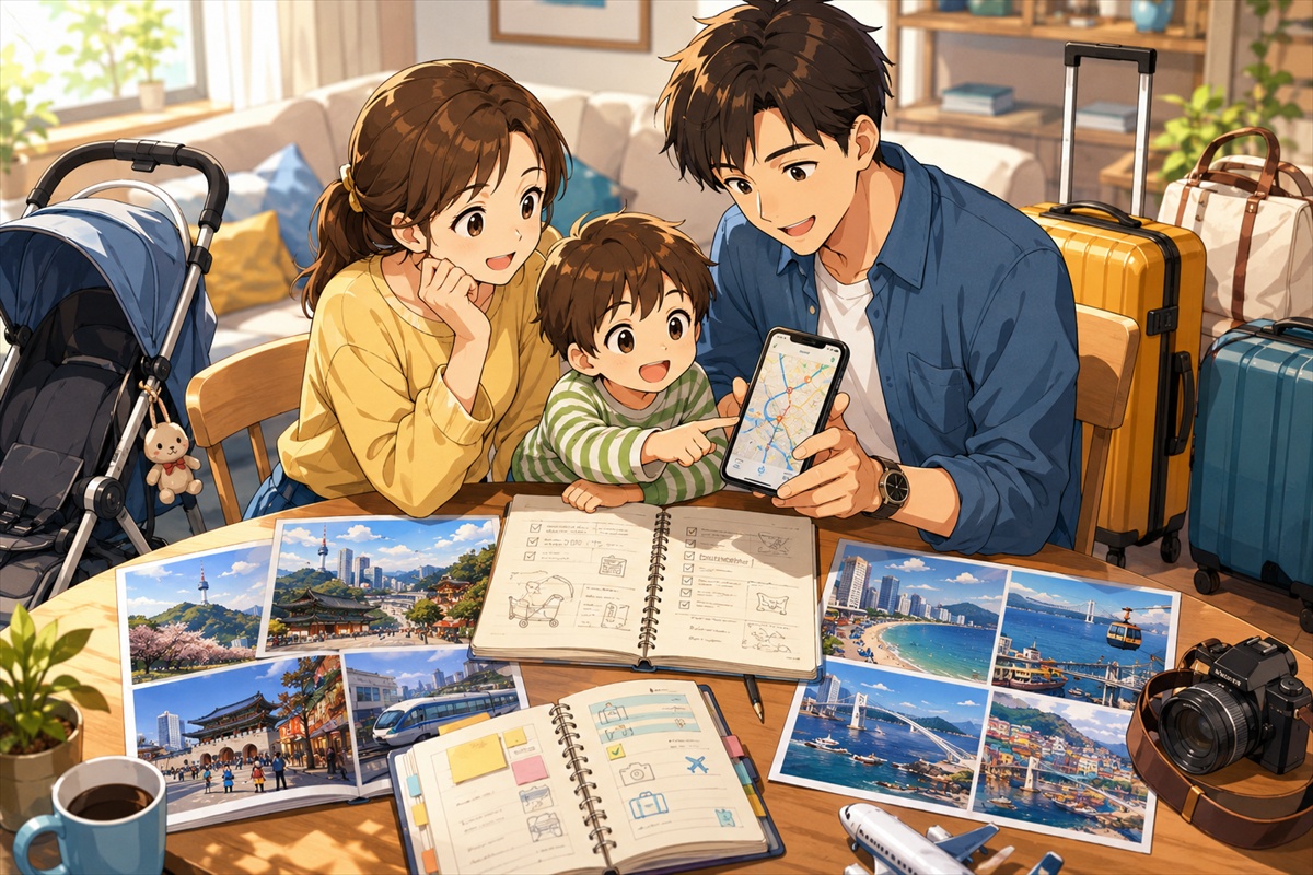 子連れ家族がソウルと釜山のどちらが動きやすいか旅行計画を立てる様子