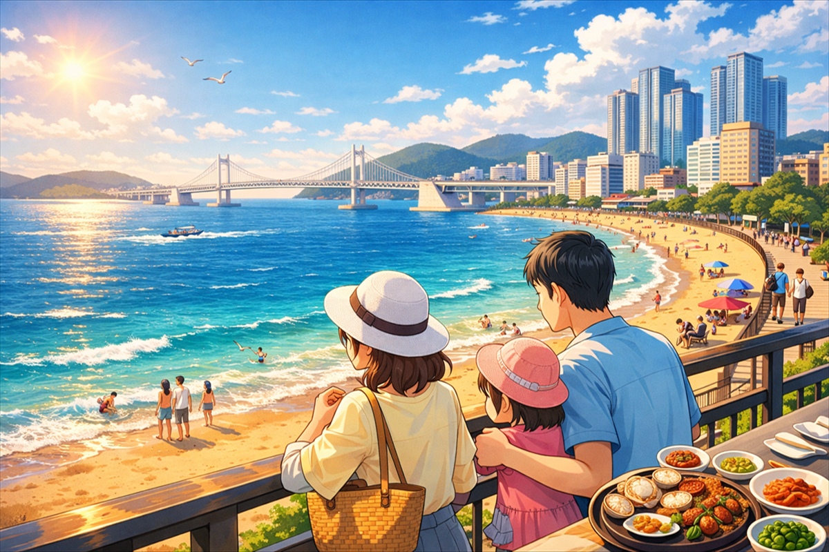 釜山で海を見ながら家族旅行を楽しむ様子