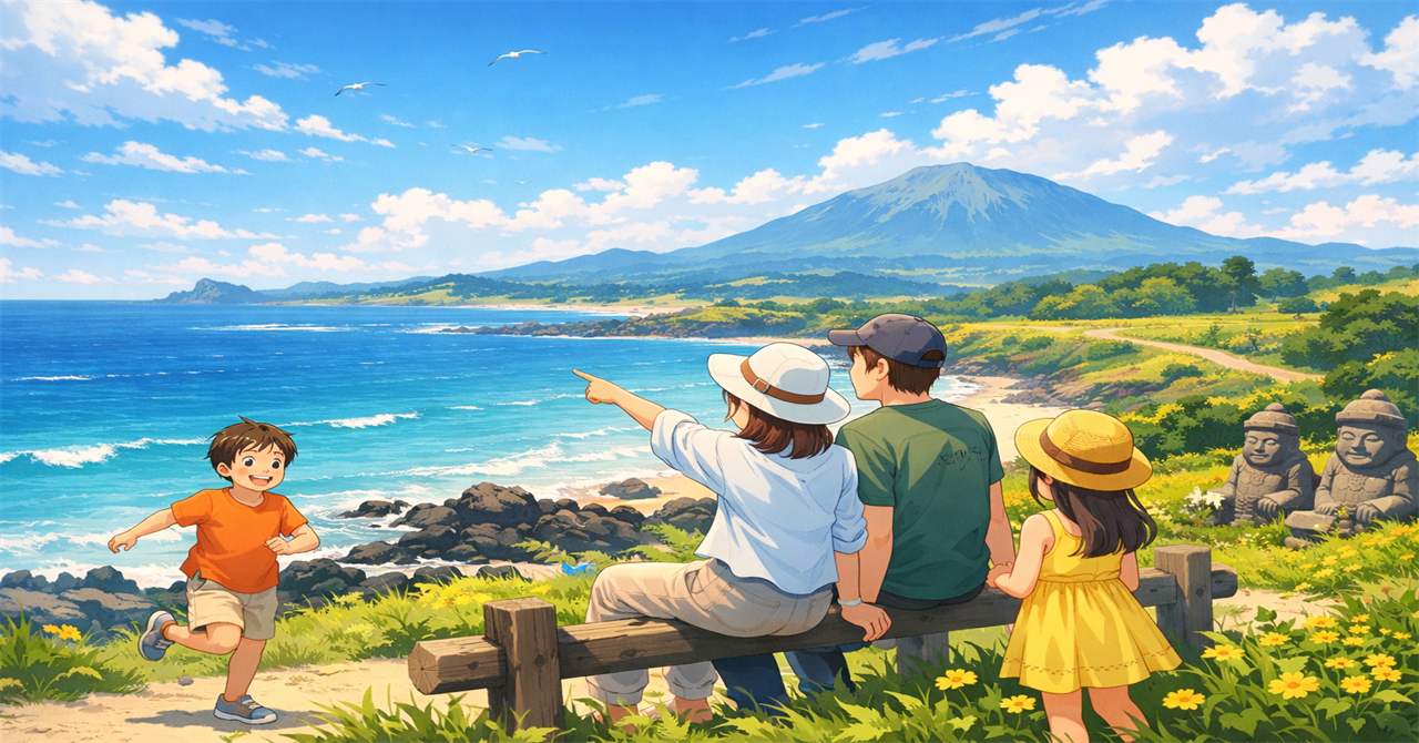 家族と済州島の風景 