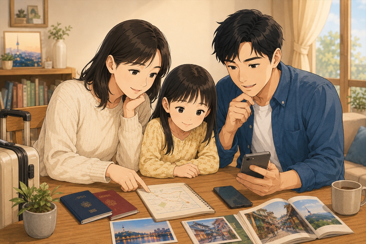 初めての韓国旅行で家族と旅行計画を立てる様子