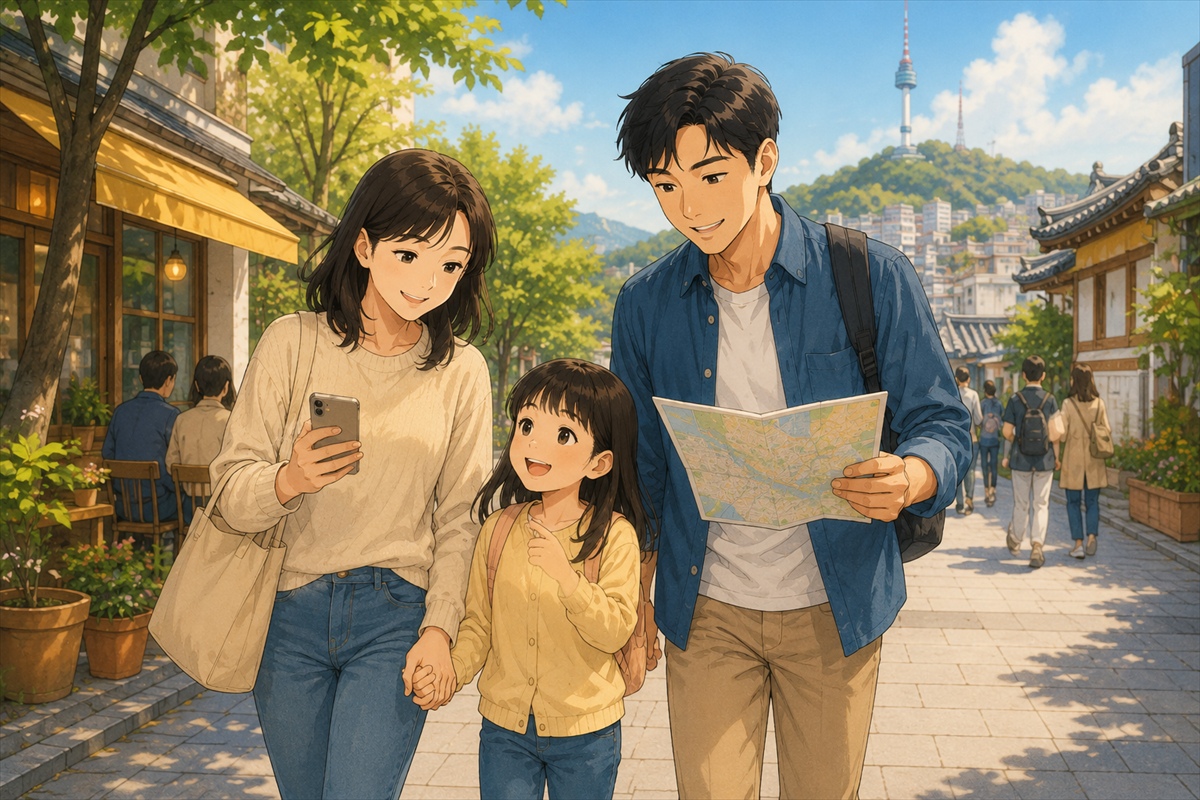 初めての韓国旅行を楽しむ家族と街歩きの様子