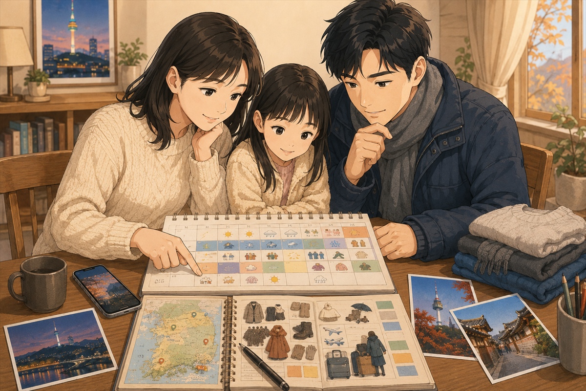 韓国旅行の条件を家族で比較する様子