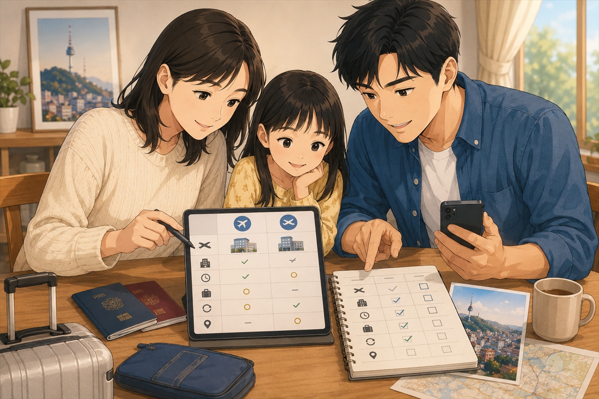 韓国旅行の時期を家族で相談する様子