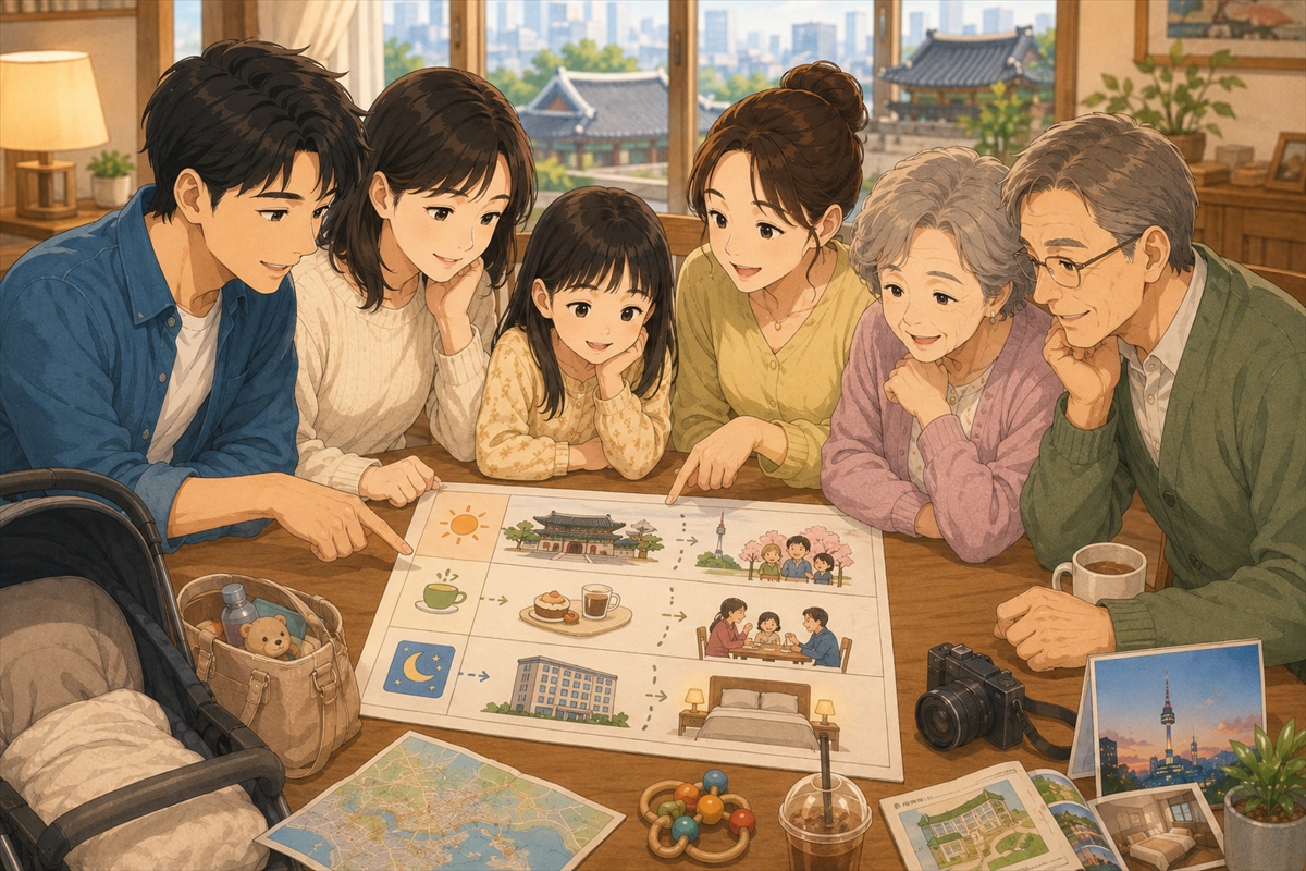 三世代で韓国旅行の休憩計画を立てる様子