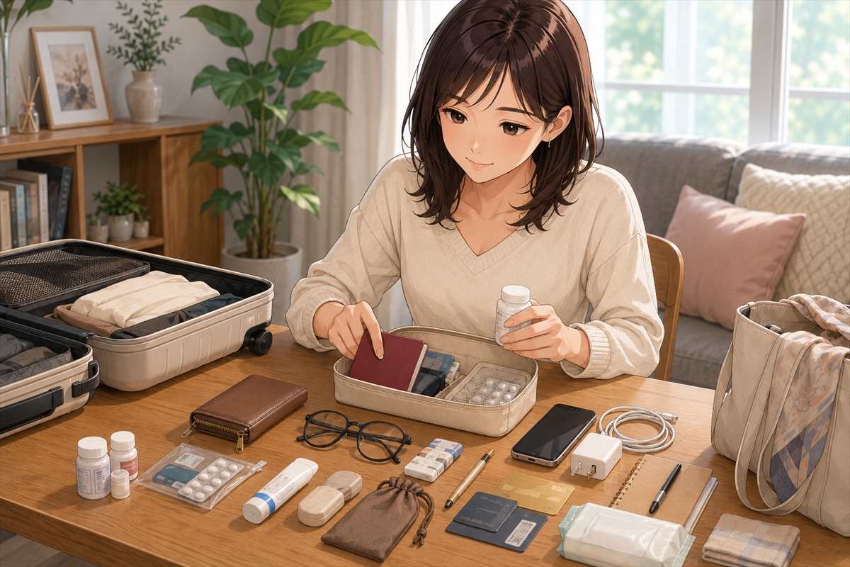 韓国旅行で日本から優先して持っていきたい必需品を並べる様子