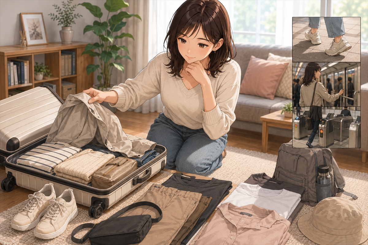 韓国旅行で歩きやすい靴と服装を準備する様子