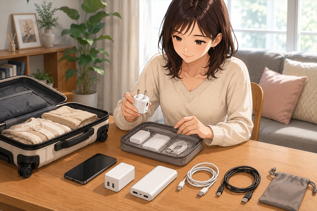韓国旅行で使う変換プラグと充電器とモバイルバッテリーを確認する様子