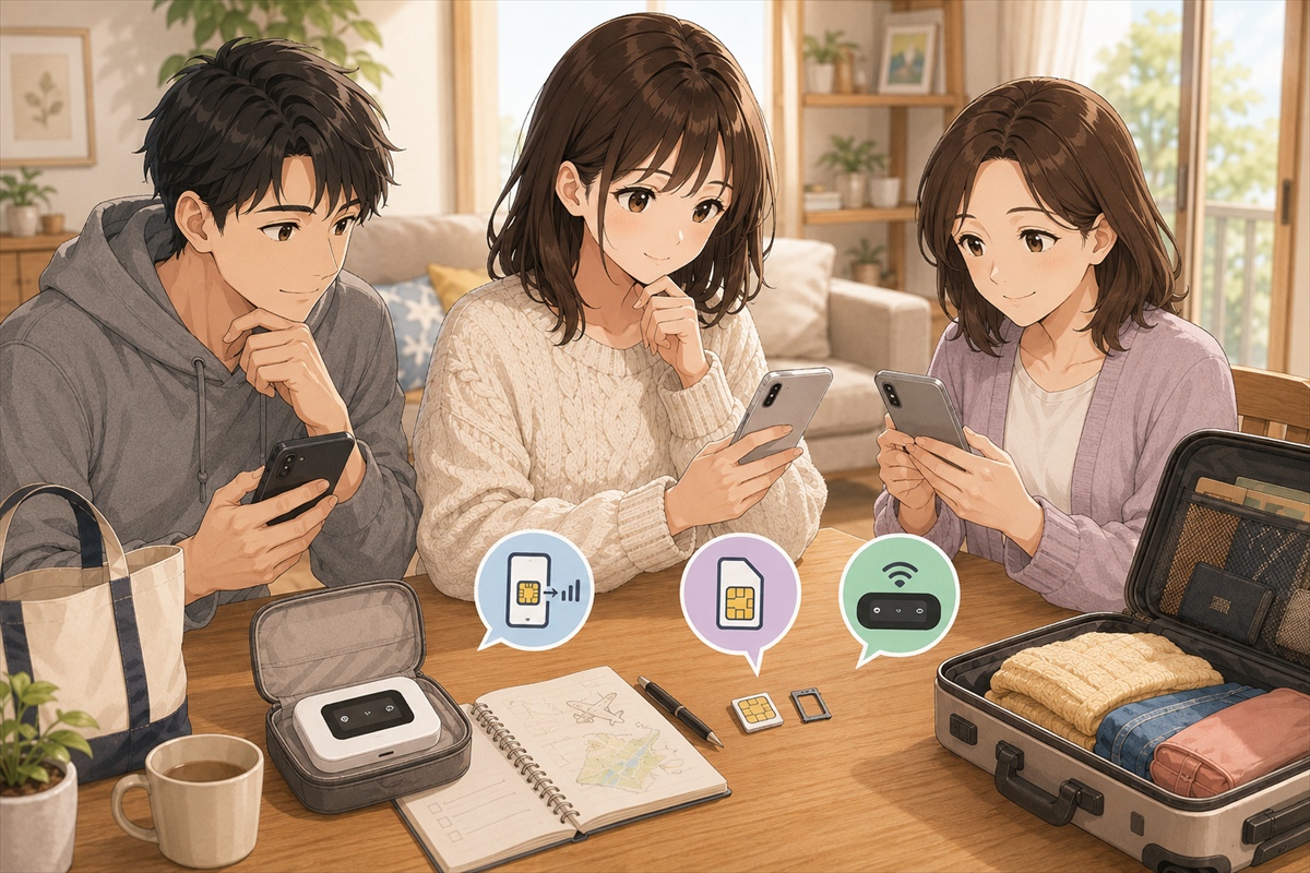 韓国旅行でeSIMとSIMカードとWi-Fiレンタルを比較して選ぶ様子