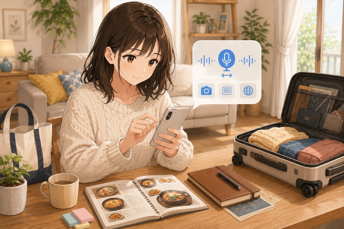 韓国旅行前に翻訳アプリの音声入力やカメラ翻訳を試す様子