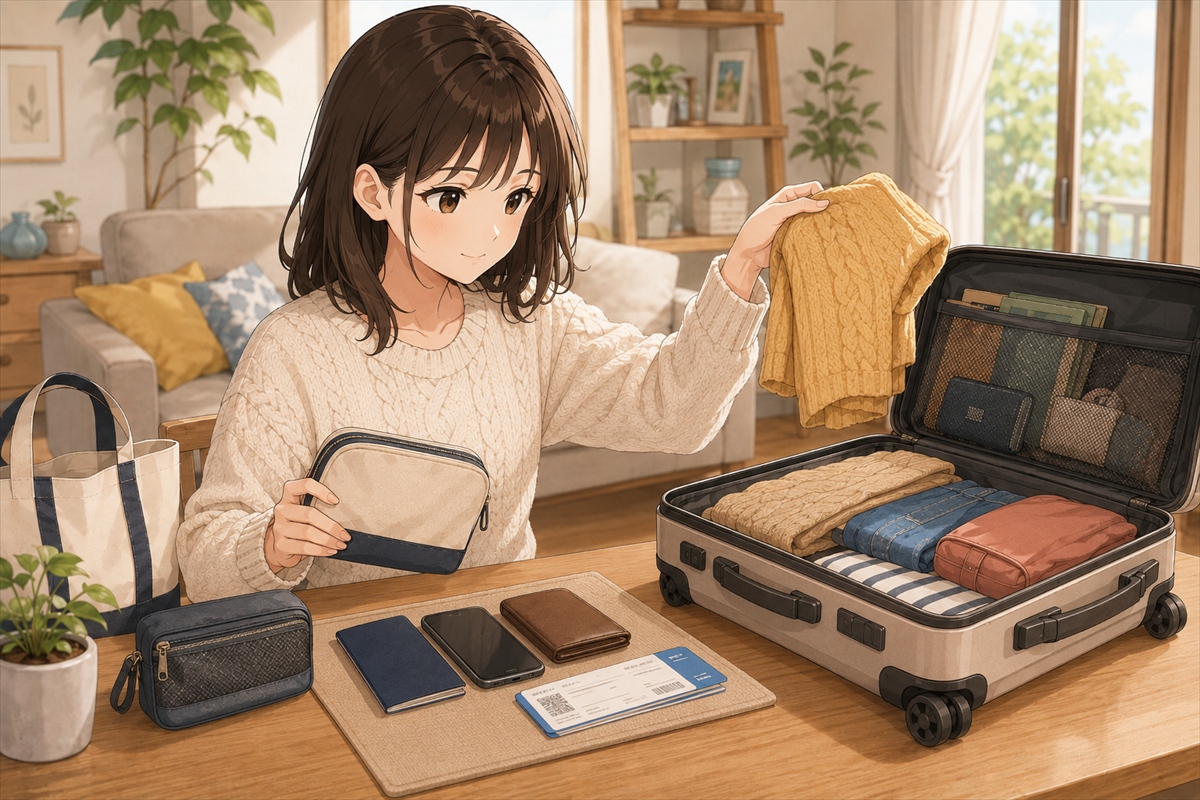 韓国旅行前日にスーツケースと手荷物を分けて準備する様子