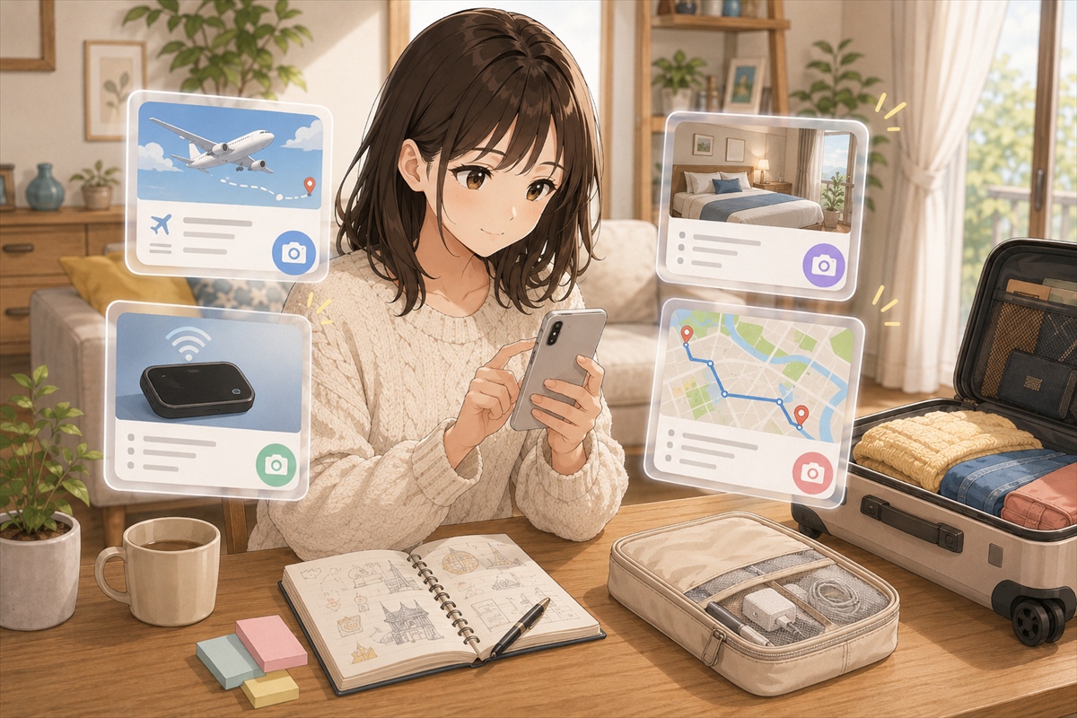 韓国旅行前に航空券やホテル予約画面をスマホに保存する様子