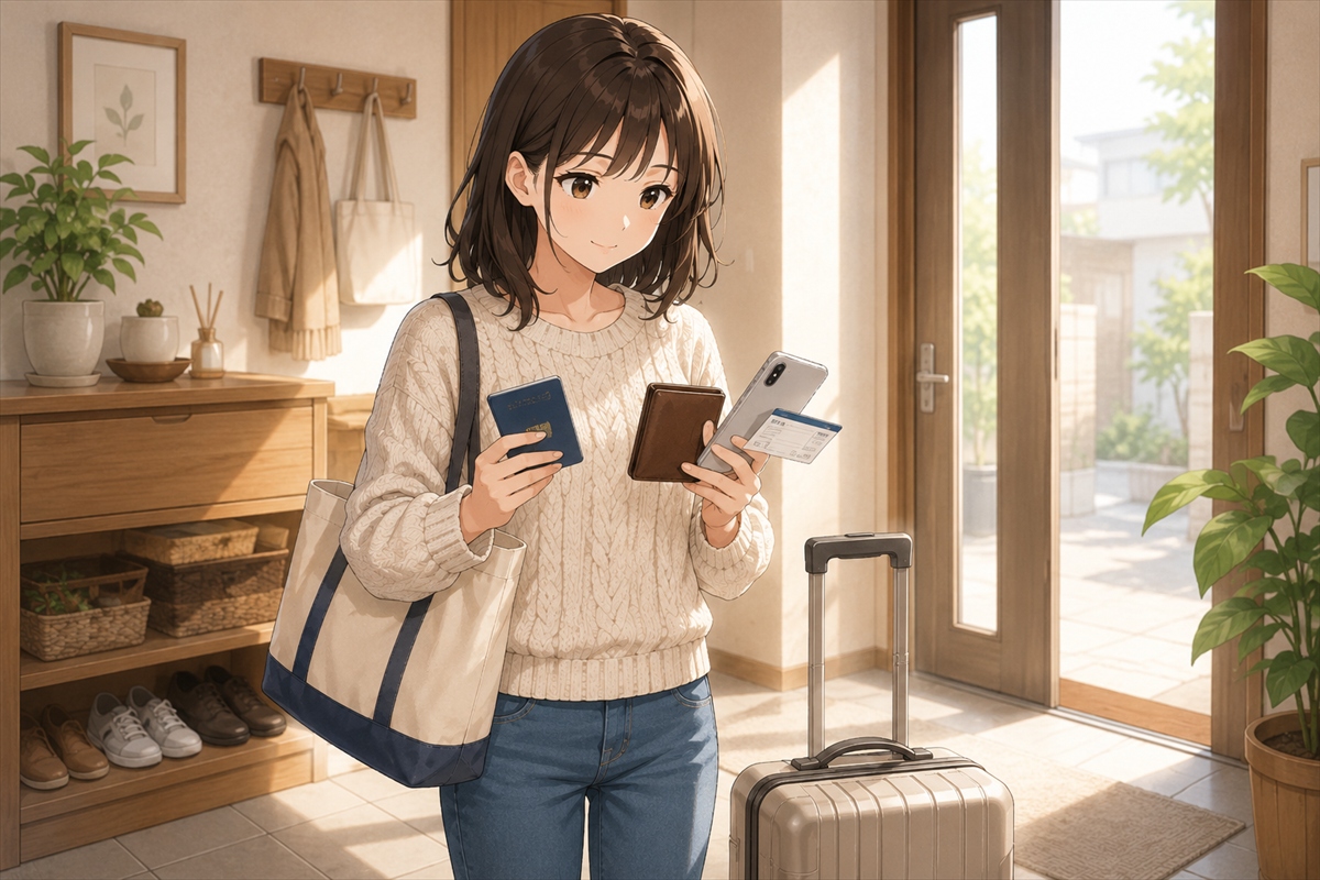 韓国旅行当日の朝にパスポートと財布とスマホと航空券を確認する様子