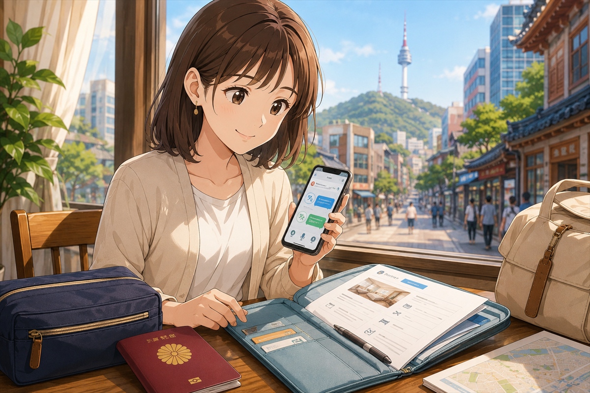 韓国旅行初心者が英語や韓国語の不安に備えてスマホ翻訳と予約確認書を準備する様子